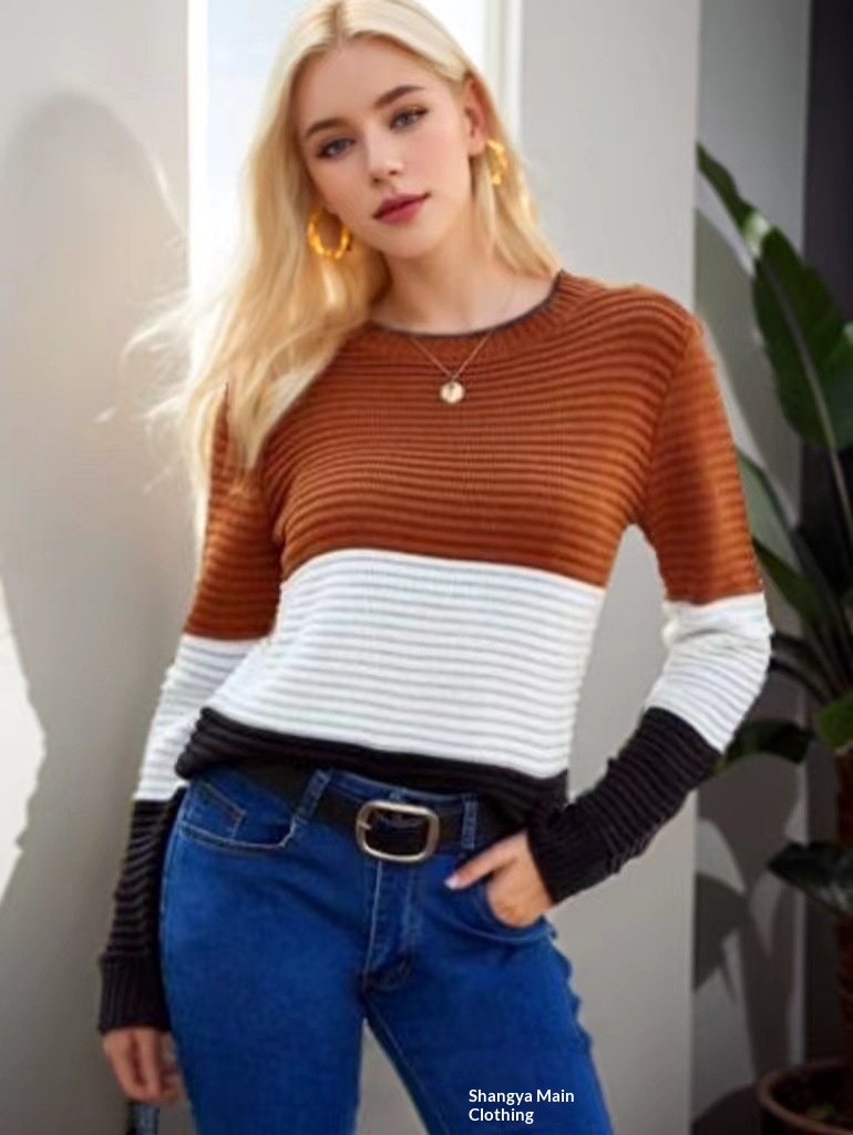 2024 New Cross-Border Top For Women, Elegant Retro Slim Fit Long Sleeve Round Neck Color-Block Knitted Sweater_desvips.com
