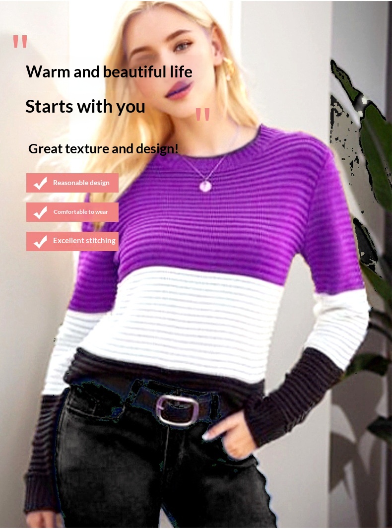 2024 New Cross-Border Top For Women, Elegant Retro Slim Fit Long Sleeve Round Neck Color-Block Knitted Sweater_desvips.com