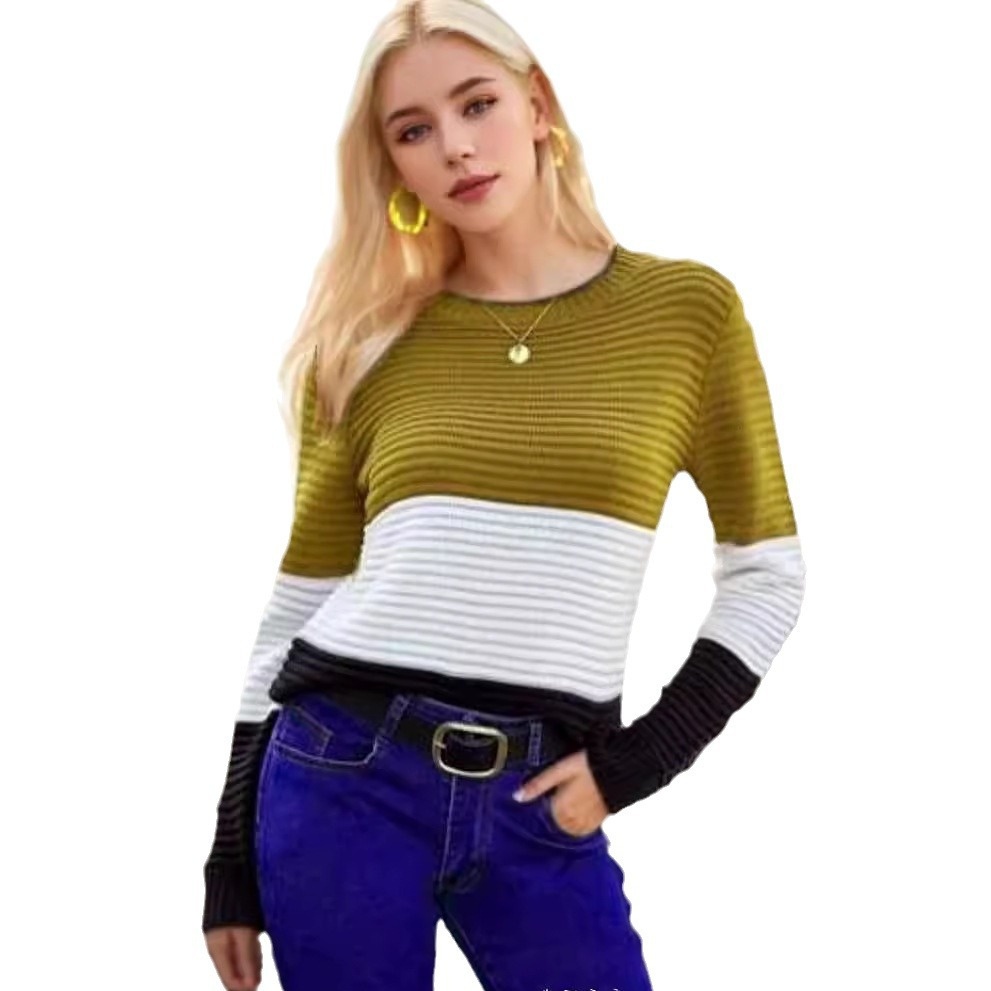 2024 New Cross-Border Top For Women, Elegant Retro Slim Fit Long Sleeve Round Neck Color-Block Knitted Sweater_desvips.com
