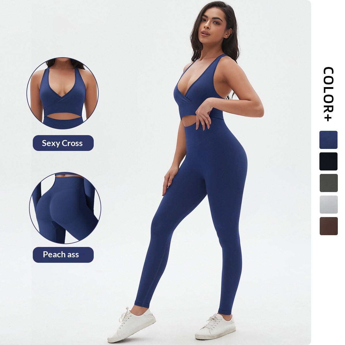 New Cross-Border Seamless Solid Color Tight-Fitting Sexy Cross-Back Yoga Outfit Running Fitness Two-Piece Set_voghion.com