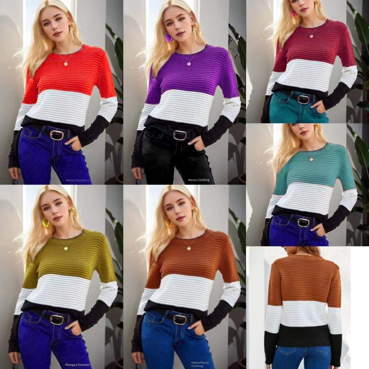 2024 New Cross-Border Top For Women, Elegant Retro Slim Fit Long Sleeve Round Neck Color-Block Knitted Sweater_desvips.com