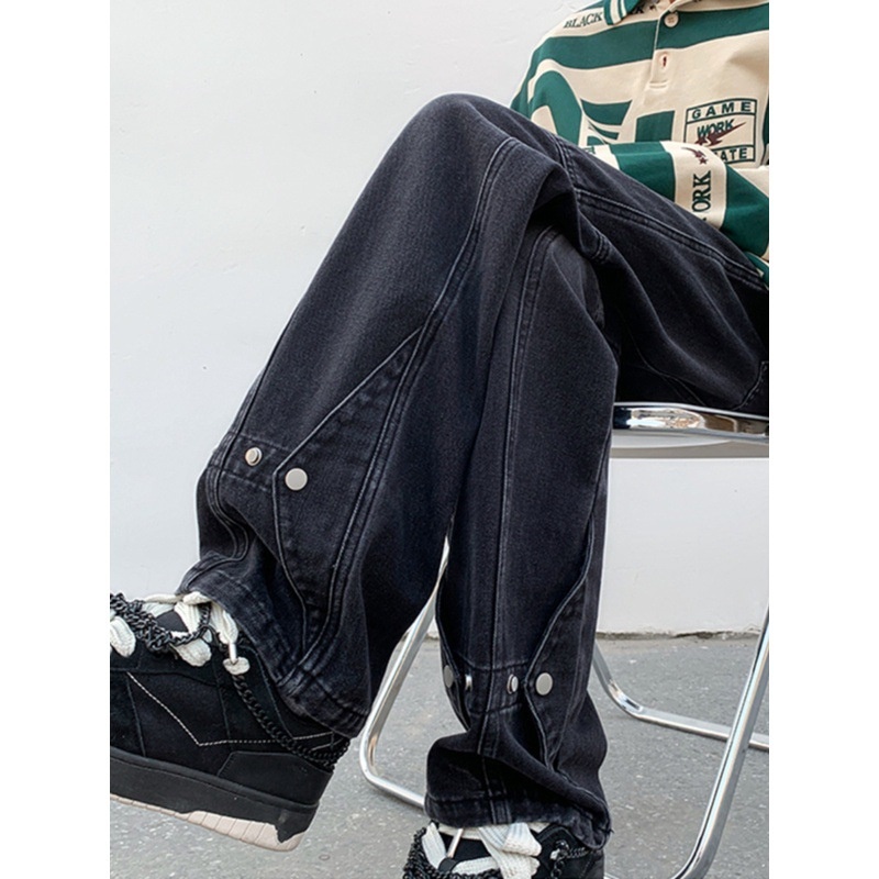 Nordmann Black Cargo Jeans For Men Loose Straight Floor-Length Autumn Winter American Style Trendy Retro High Street Casual Pants_mkmklike.com