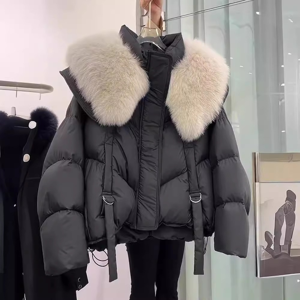 Nordlicht Winterjacke im europäischen Stil, schwarz, für Damen, Petite, neu, modisch, hochwertig, großer Pelzkragen, kurzer Baumwollmantel_voghion.com