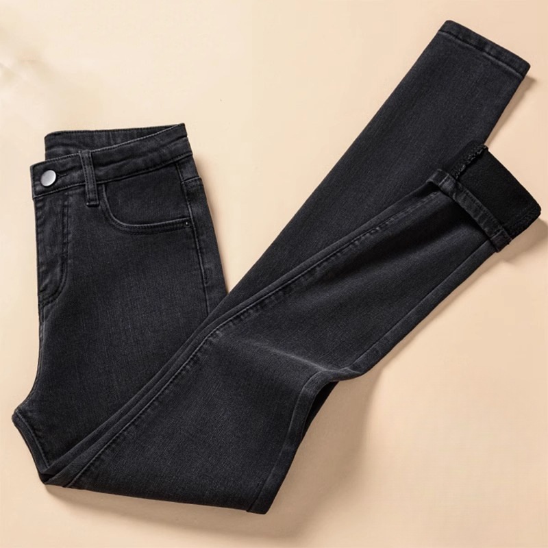 ELLE Thin Velvet Black Skinny Jeans For Women 2025 New Winter Fleece High Waist Slim Fit Stretch Pencil Pants_mkmklike.com