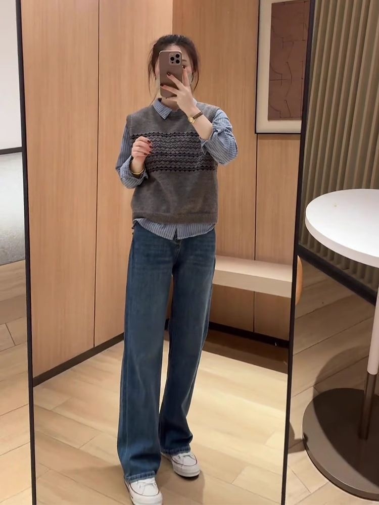 ELLE Blue Gray Narrow Jeans Women Spring Autumn 2025 New Dopamine Loose Slimming Drape Trendy Straight-leg Pants_mkmklike.com