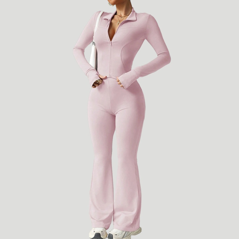 Surge Women's Solid Color Long Sleeve Zipper Sports High Waist Flared Fitness Pants + Quick-Dry Barely-There Yoga Outfit Set_voghion.com