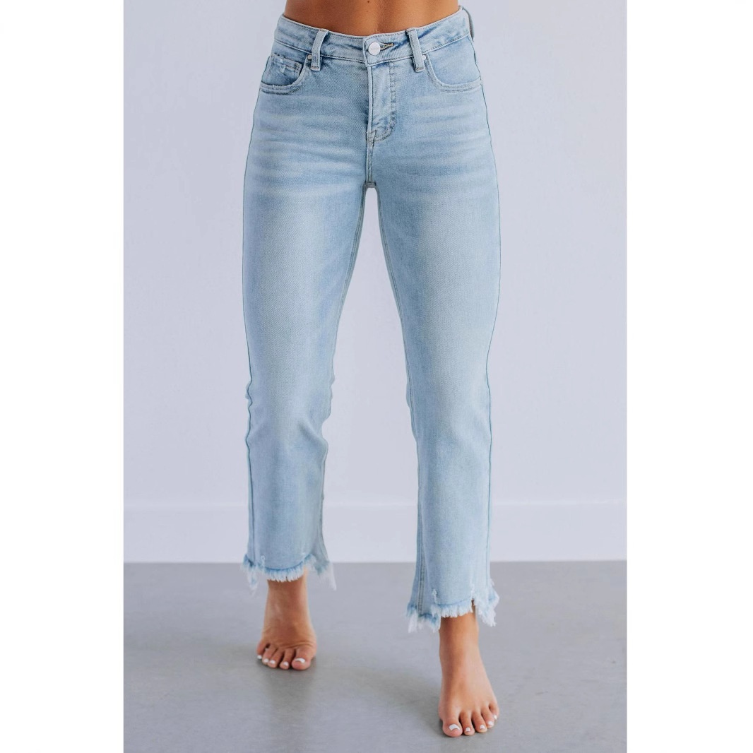 ELLE 2025 New Cross-Border High-Waisted Women's Tassel Ripped Frayed Straight-Leg Cropped Jeans Fashion Versatile_mkmklike.com