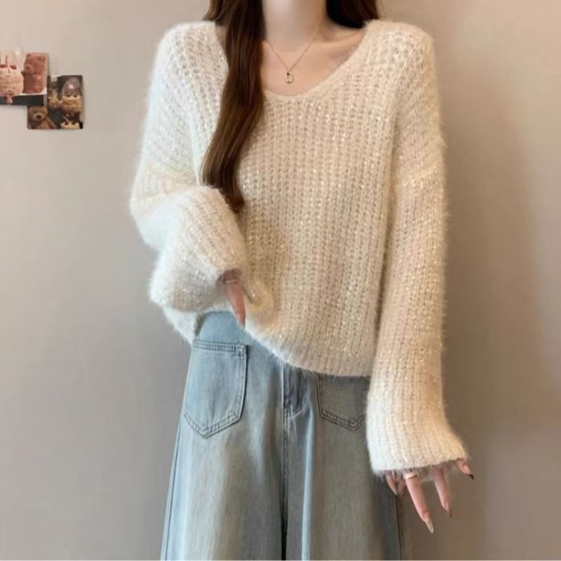 girl Soft Sequin Collar Women's Autumn And Winter Plus Size Fat Loose Lazy Style Short Knitted Sweater Top_voghion.com