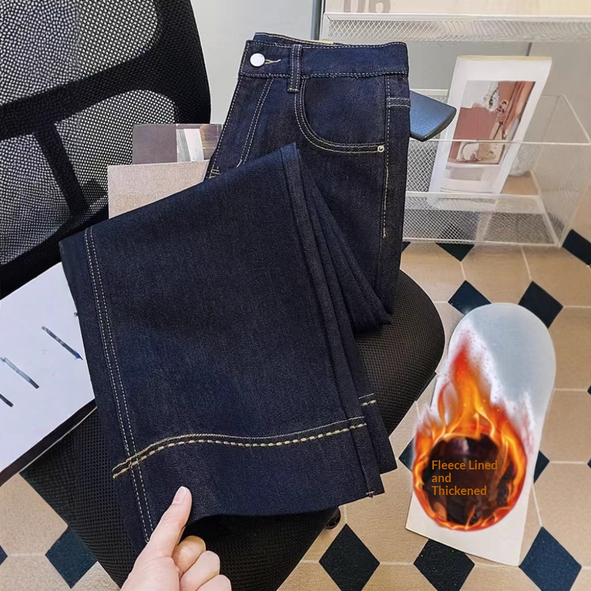 Denim Straight Narrow Wide-Leg Jeans Women 2025 Autumn Winter New High-Waisted Fleece-Lined Slimming Cropped Pants For_voghion.com