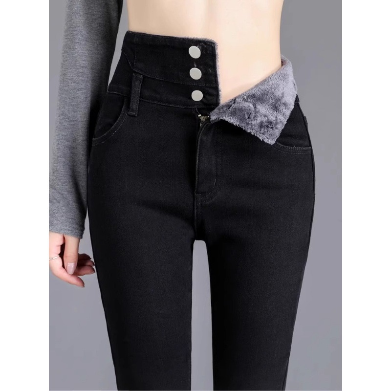 ELLE High Waist Fleece-Lined Black Jeans For Women 2024 New Winter Slim Fit Hot Girl Slimming Stretch Skinny Long Pants_mkmklike.com