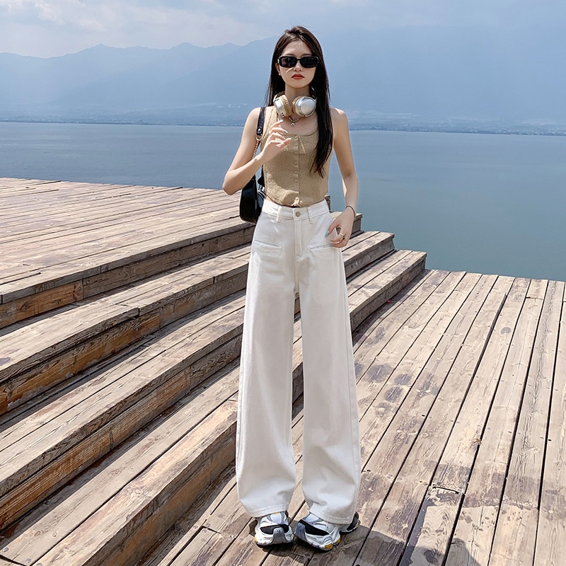 ELLE White Jeans Women, Slim Fit, Wide Leg, High Waist, Pear Shape, Slimming, Draped, Floor-Length, Loose Straight Pants For_mkmklike.com