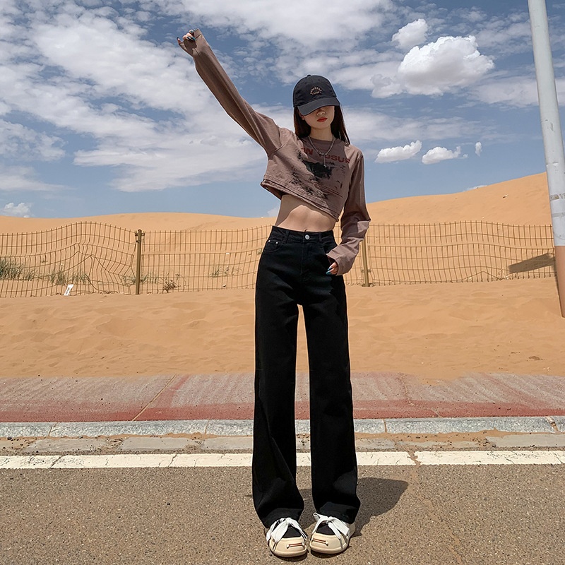 ELLE Early Autumn Straight-Leg Jeans For Women, Stretchy High-Waisted Slimming Fashion Washed Black Cigarette Pants, Slim Fit_mkmklike.com