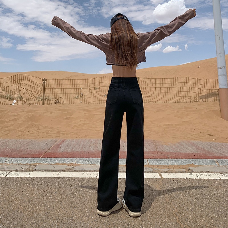 ELLE Early Autumn Straight-Leg Jeans For Women, Stretchy High-Waisted Slimming Fashion Washed Black Cigarette Pants, Slim Fit_mkmklike.com