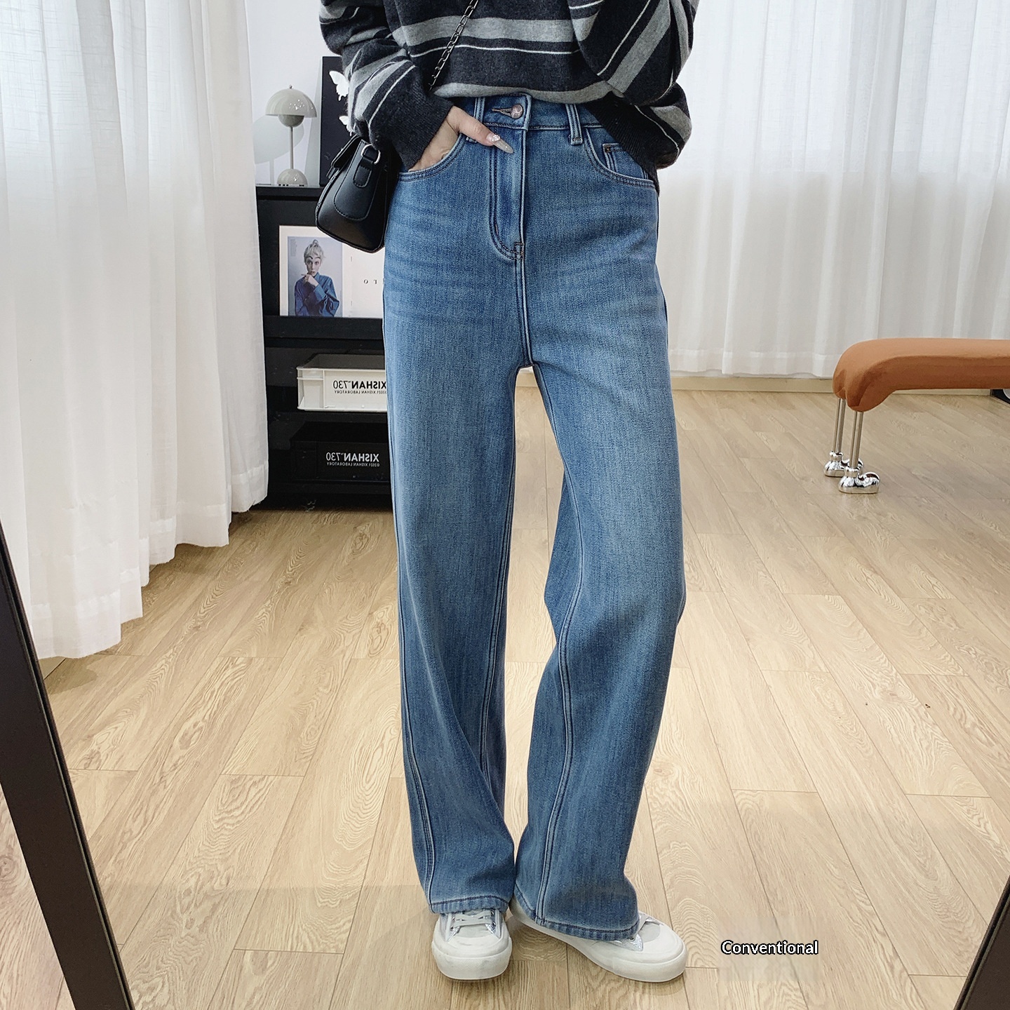 ELLE Super Slimming Pants! High Waist Fleece-Lined Jeans Women, Loose Straight Narrow Wide-Leg Pants For Autumn And Winter_mkmklike.com