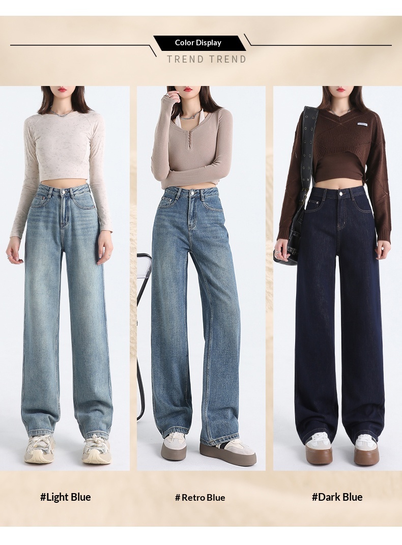 ELLE 2025 New Dark Blue Spring Narrow Wide-Leg Jeans For Women, Autumn And Winter High-Waisted Slimming Loose Straight Pants_mkmklike.com
