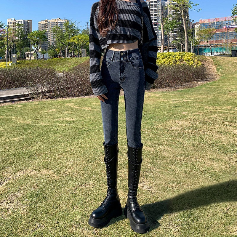 ELLE Women's High Waist Stretch Jeans, New Spring And Autumn Slim Fit, Slimming, Heightening, Skinny Pencil Pants_mkmklike.com