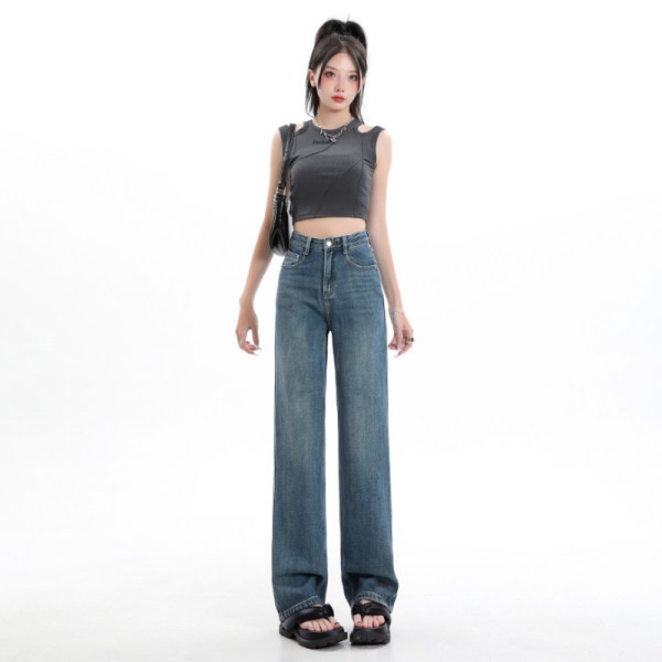 ELLE Vintage Light Blue Wide-Leg Jeans For Women, Spring And Autumn 2025 New Style, Petite High-Waisted Slimming Narrow_mkmklike.com