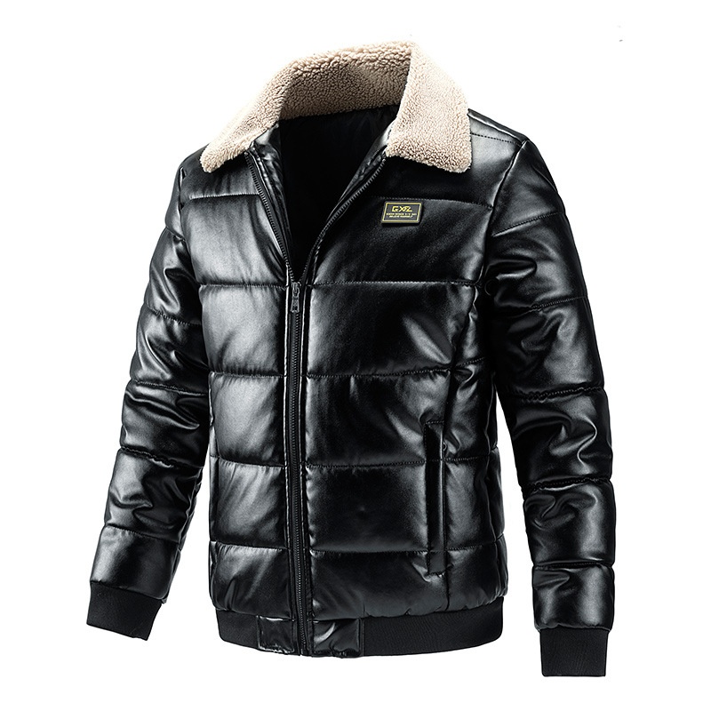 Cross-Border PU Jacket For Men, Fleece-Lined And Thickened Coat, Lamb Wool Turn-Down Collar Motorcycle Leather Men's_voghion.com
