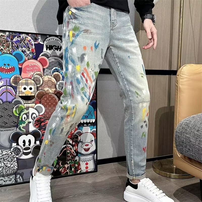 ELLE European And American Style Ink Splash Graffiti Jeans For Men, Light Blue Slim Fit Long Youth High Street Painted Skinny_mkmklike.com