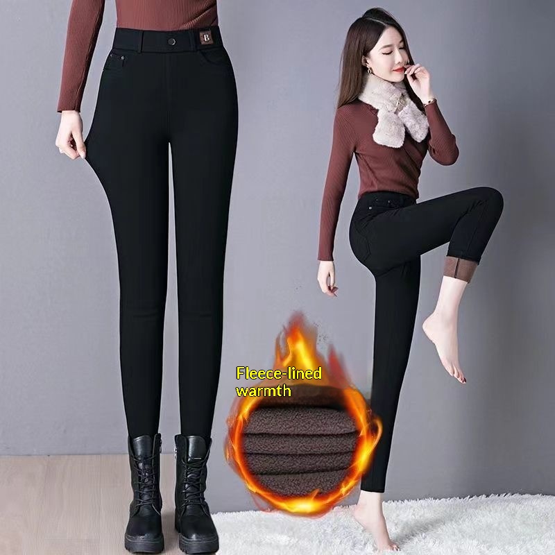 ELLE High Waist Black Casual For Women, Autumn And Winter New Style, Fleece Lined, Thickened, Slimming, Elastic Waist, Outer_mkmklike.com