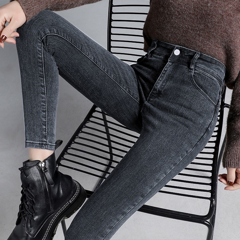 ELLE Plus Size 2021 Women's High Waist Jeans Autumn Winter Skinny Fleece Lined Slim Fit Versatile Stretch Pencil Pants_mkmklike.com