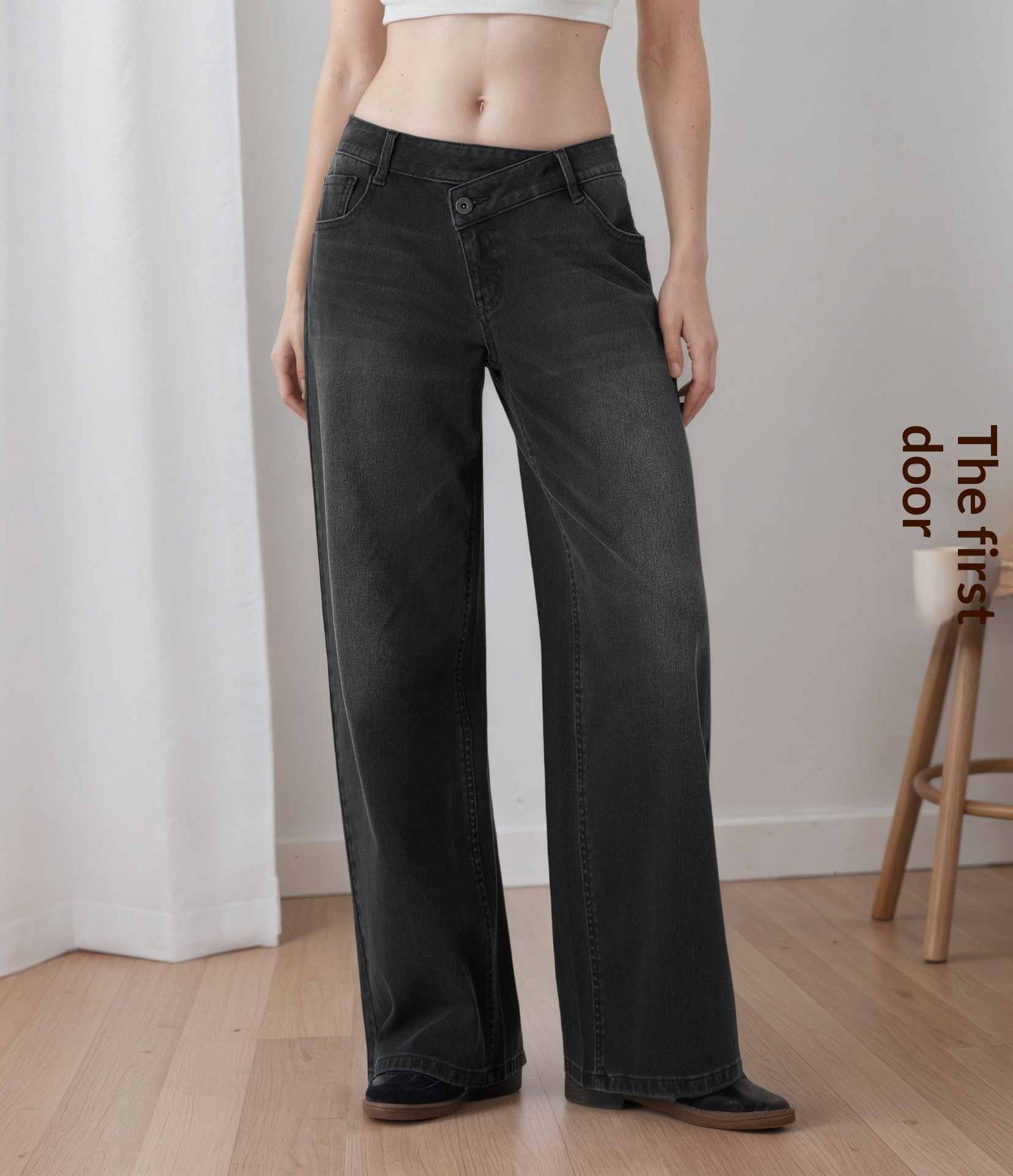 ELLE 2025 European And American Cross-Border Irregular Asymmetric Low Waist Diagonal Button Jeans For Women TK Hot Item_mkmklike.com