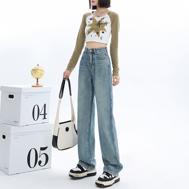 ELLE Jinyin Jeans For Women, Autumn And Winter Fleece-Lined Narrow Wide-Leg High-Waisted Draped Floor-Length Pants, Thickened_mkmklike.com