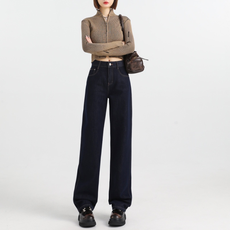 ELLE Jinyin Jeans For Women, Autumn And Winter Fleece-Lined Narrow Wide-Leg High-Waisted Draped Floor-Length Pants, Thickened_mkmklike.com
