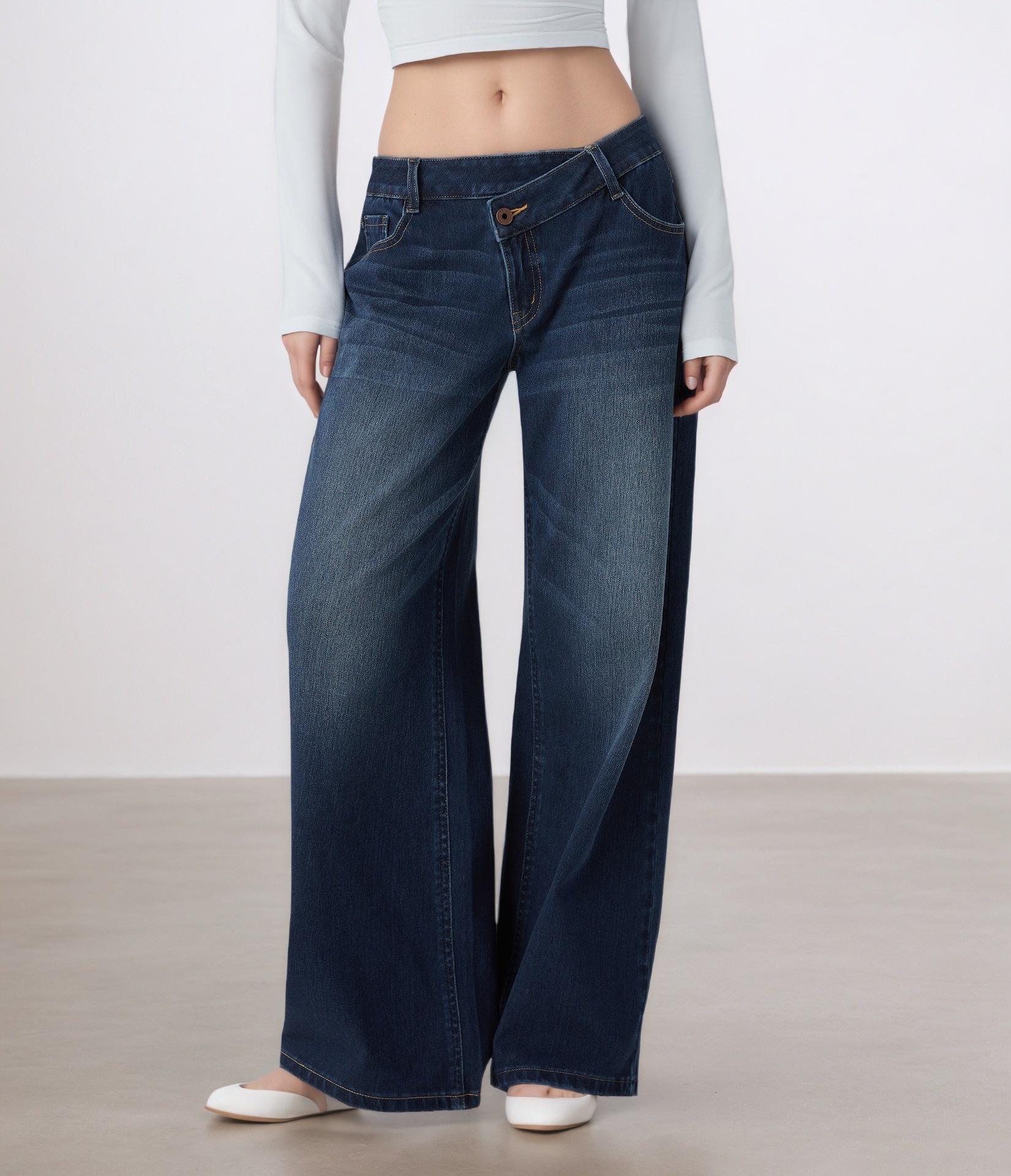 ELLE 2025 European And American Cross-Border Irregular Asymmetric Low Waist Diagonal Button Jeans For Women TK Hot Item_mkmklike.com