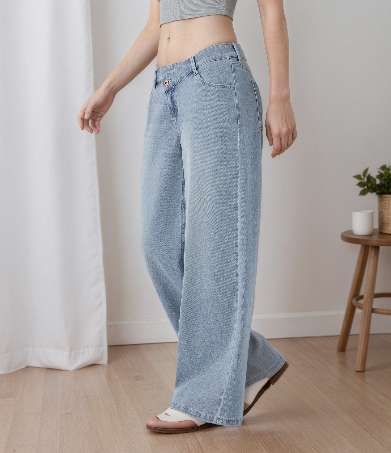 ELLE 2025 European And American Cross-Border Irregular Asymmetric Low Waist Diagonal Button Jeans For Women TK Hot Item_mkmklike.com