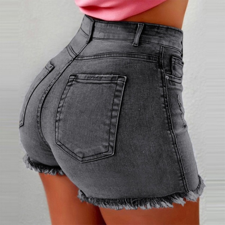 ELLE Cross-border Selling Women's Denim Shorts With Fringes And Rips High Waist Jeans Hot Pants_mkmklike.com
