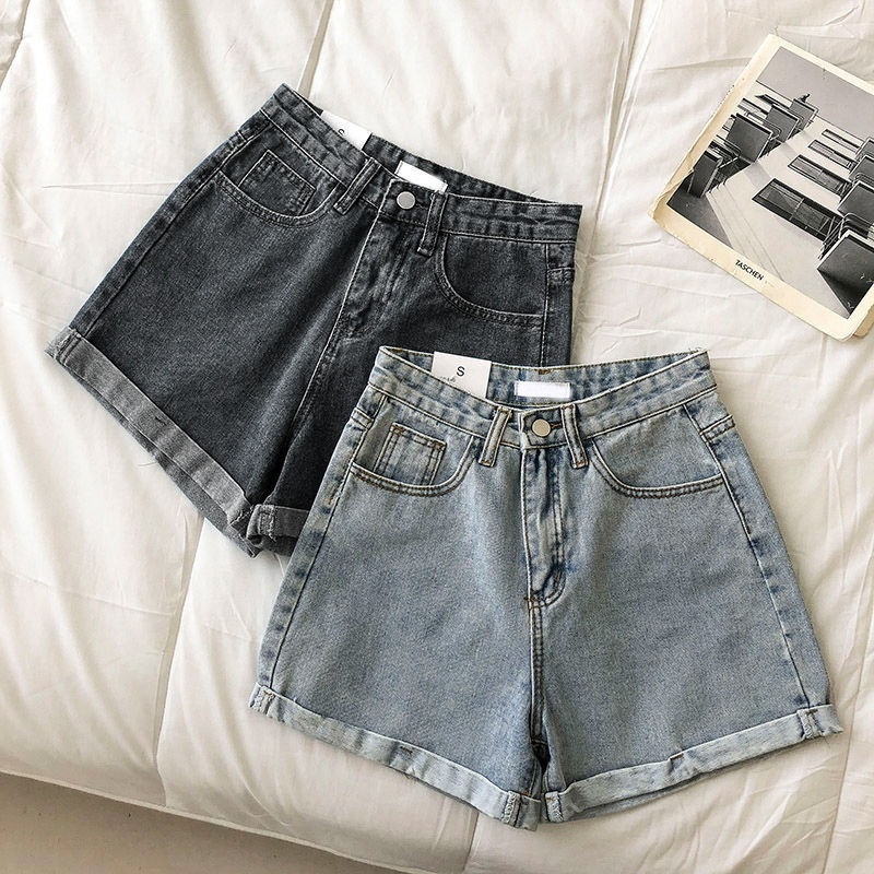 ELLE Designed Rolled Hem A-Line Wide-Leg Pants Women 2025 Spring Summer New Korean Fashion High-Waist Denim Shorts For_mkmklike.com