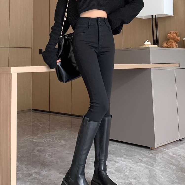 ELLE Black High-Waisted Fleece-Lined Skinny Jeans For Women 2025 Autumn Winter New Slim Fit Slimming Tight Pencil Bootcut_mkmklike.com