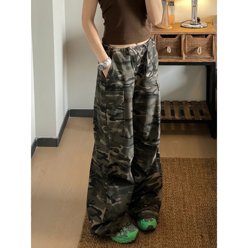 ELLE Vibe Style Street American Retro Camouflage Jeans Drawstring Cargo Women Straight Sports Wide Leg Pants One Piece_mkmklike.com