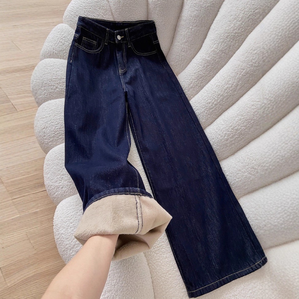 ELLE Fleece-Lined Thickened Slim Straight Jeans For Women 2025 Autumn Winter New High-Waisted Loose Slimming Warm Wide-Leg_mkmklike.com