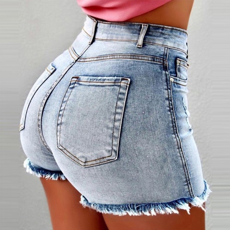 ELLE Cross-border Selling Women's Denim Shorts With Fringes And Rips High Waist Jeans Hot Pants_mkmklike.com