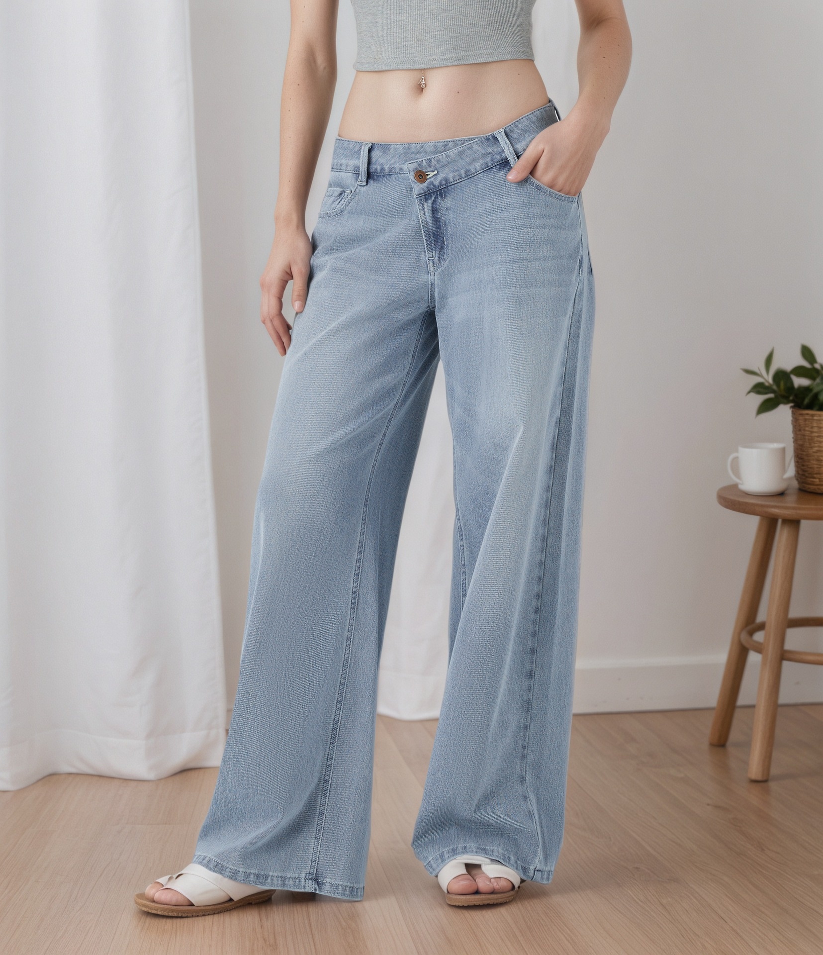 ELLE 2025 European And American Cross-Border Irregular Asymmetric Low Waist Diagonal Button Jeans For Women TK Hot Item_mkmklike.com
