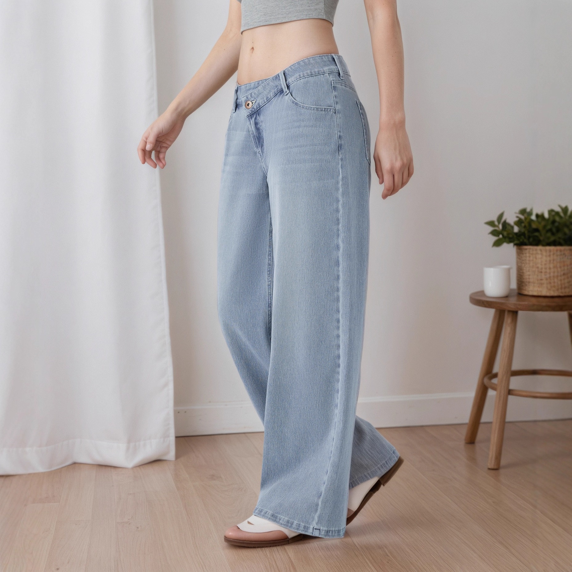 ELLE 2025 European And American Cross-Border Irregular Asymmetric Low Waist Diagonal Button Jeans For Women TK Hot Item_mkmklike.com