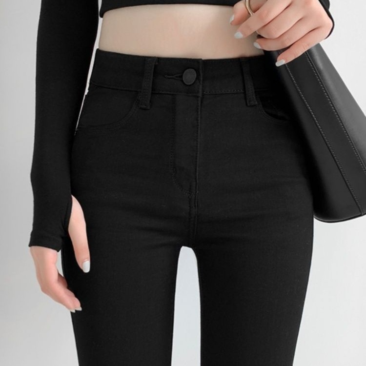 ELLE Black High-Waisted Nine-Point Jeans For Women 2025 Autumn Winter New Tight-Fitting Slimming Skinny Pants Stretchy Pencil_mkmklike.com