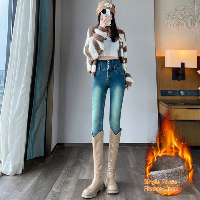 ELLE High Waist Stretch Jeans Skinny Women Autumn Winter Retro Vintage Multi-Button Slim Fit Petite Pencil Pants_mkmklike.com