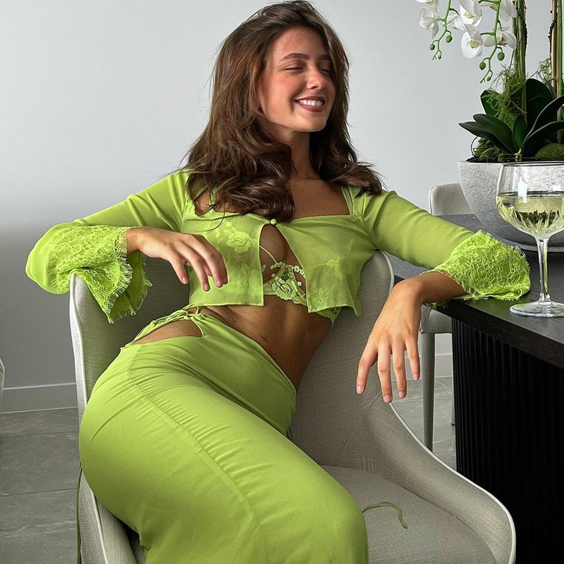 2021 Winter Hot New Long Sleeve T-Shirt Cardigan Hollow Out Tie Half-Length Skirt Set Export Women's Fashion_desvips.com