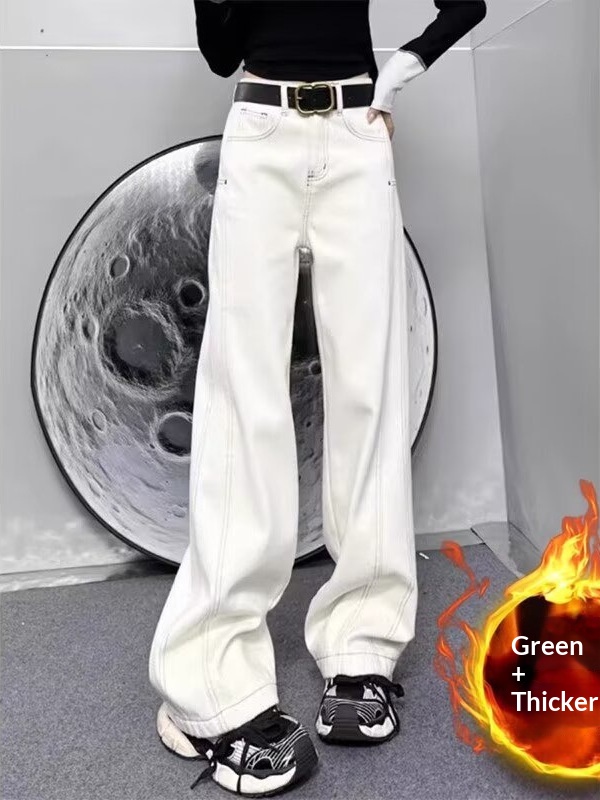 ELLE High-end Fleece-lined Thickened Straight-leg Jeans For Women Winter New Soft And Draped Slimming Wide-leg Casual_mkmklike.com