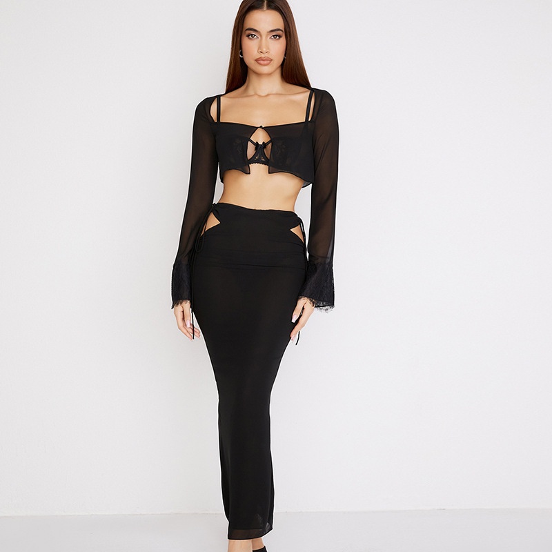 2021 Winter Hot New Long Sleeve T-Shirt Cardigan Hollow Out Tie Half-Length Skirt Set Export Women's Fashion_desvips.com