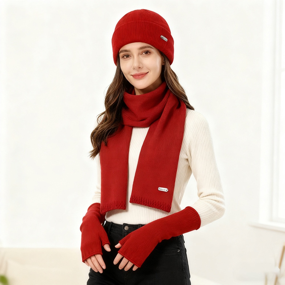 2025 New Scarf Gloves Three-Piece For Women Autumn Winter Cashmere Knitted Wool Hat Warm Set_desvips.com
