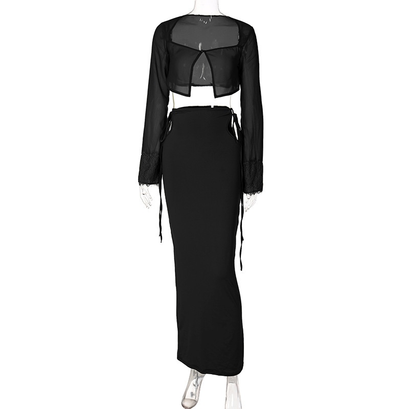 2021 Winter Hot New Long Sleeve T-Shirt Cardigan Hollow Out Tie Half-Length Skirt Set Export Women's Fashion_desvips.com