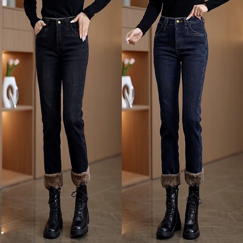 ELLE Fashion Fleece-Lined Denim Skinny For Women 2025 Autumn Winter New High-Waisted Stretch Slim Fit Warm Straight-Leg_mkmklike.com