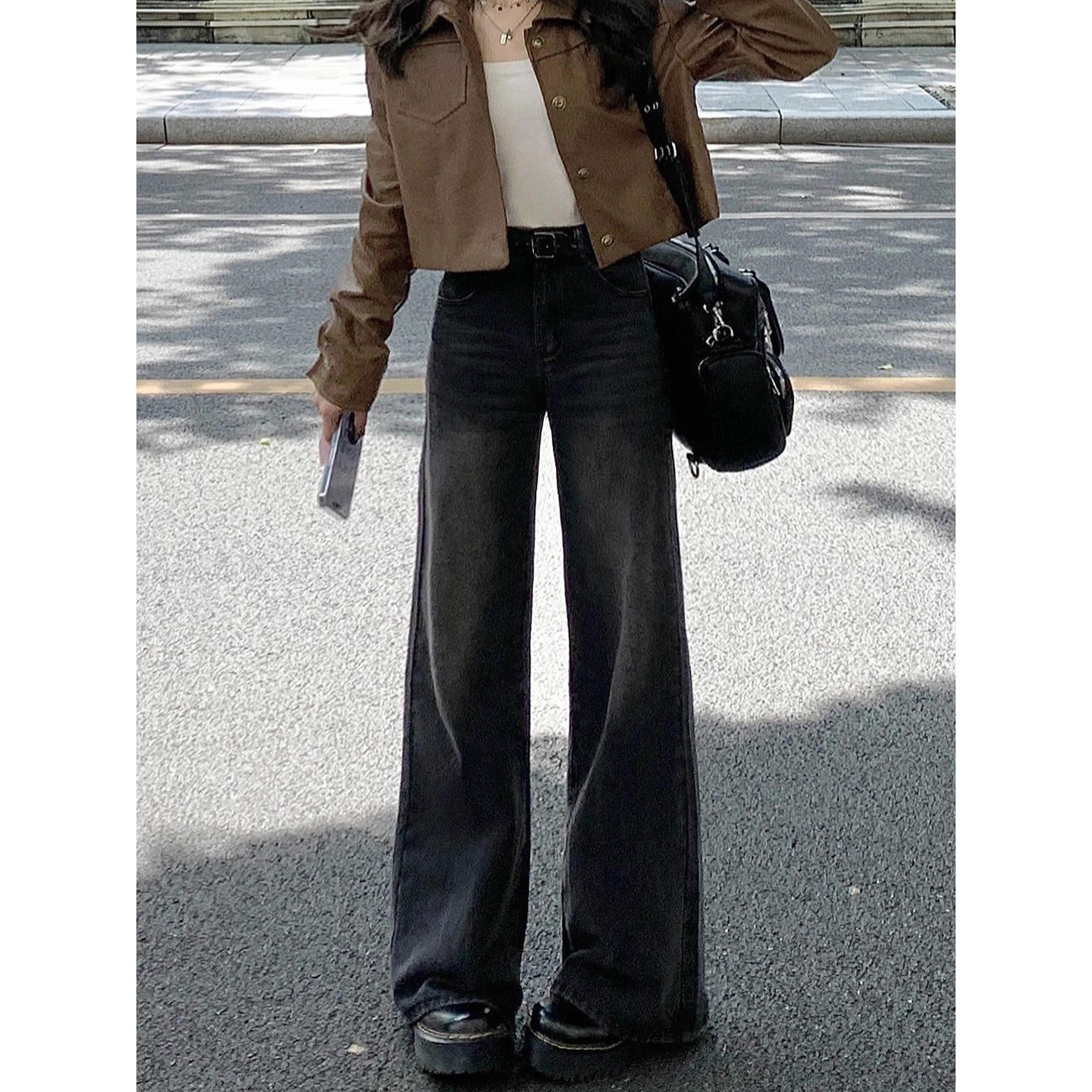 ELLE Black Gray Retro Jeans For Women Plus Size Autumn Winter New Loose Hip-Covering Straight Slimming Fleece-Lined Wide-Leg_mkmklike.com