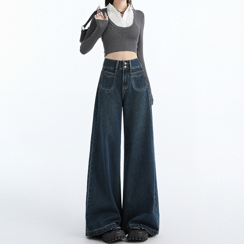 ELLE Autumn Winter New American Retro Loose Wide-Leg Draped Floor-Length Versatile Straight Jeans For Women & Long Pants_mkmklike.com