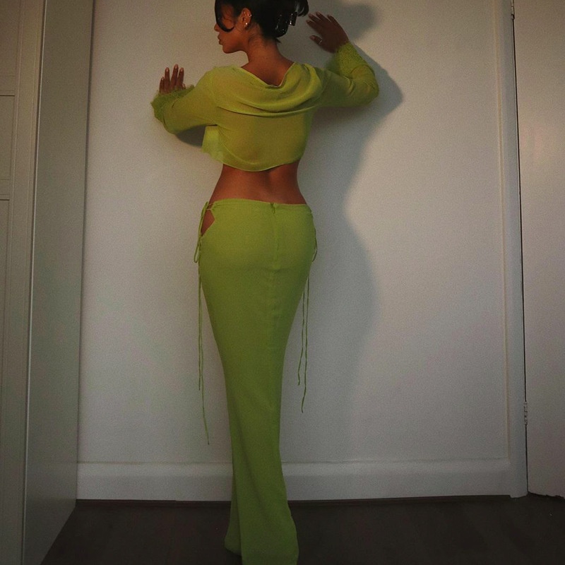 2021 Winter Hot New Long Sleeve T-Shirt Cardigan Hollow Out Tie Half-Length Skirt Set Export Women's Fashion_desvips.com