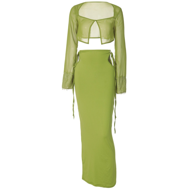 2021 Winter Hot New Long Sleeve T-Shirt Cardigan Hollow Out Tie Half-Length Skirt Set Export Women's Fashion_desvips.com